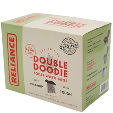 Boks med "Reliance Double Doodie" toalettposer til avfall, inneholder 6 poser.