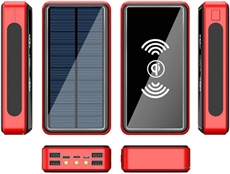 Rød solcelle-powerbank med solpaneler, flere USB-porter og mulighet for trådløs lading.