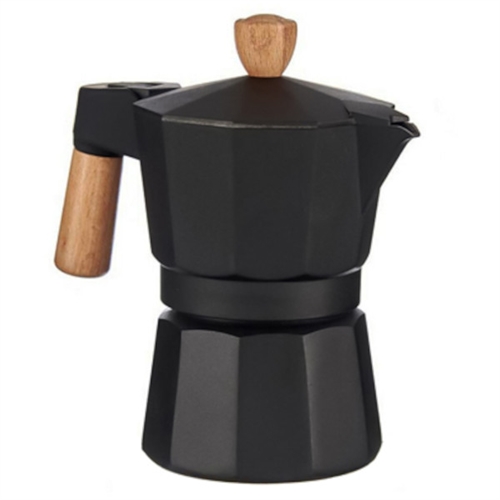 Klassisk, åttekantet svart espressomaskin med trehåndtak og knapp, ikke egnet for induksjon.