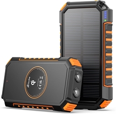 Solcelle-powerbank med svart og oransje design, solcellepanel, LED-indikatorer og to lommelykter.