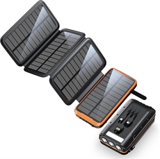Solcellepowerbank med foldbare paneler, lykt og ladeporter for utendørs bruk.