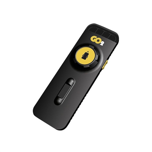 Svart fjernkontroll med gul knapp, skyvebryter og "GO2"-merke for TRUMA Mover GO2-system.