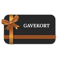 Svart gavekort med gyldent bånd og sløyfe. Teksten "GAVEKORT" står sentralt.