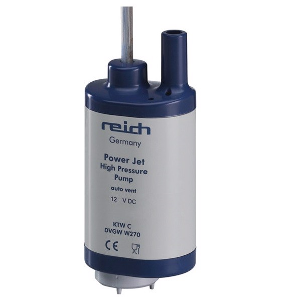 Sylinderisk grå pumpe "REICH Power Jet High Pressure Pump" med "auto vent" og CE-merking.