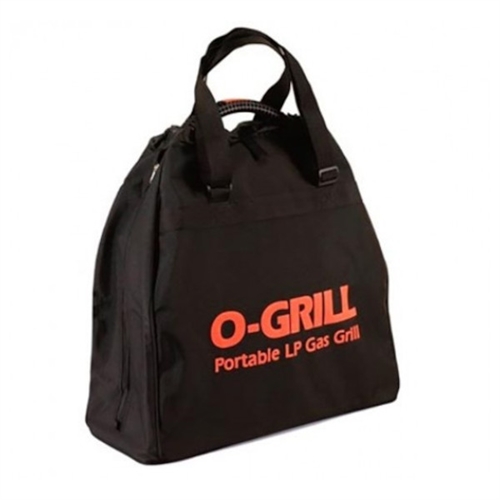 Veske til O-Grill bærbar gassgrill med håndtak og glidelås, merket "O-GRILL" i oransje tekst.