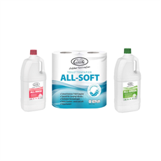 Tre Camp4-produkter: hvit flaske med rød hette, hvit flaske med grønn hette, toalettpapir "ALL-SOFT".